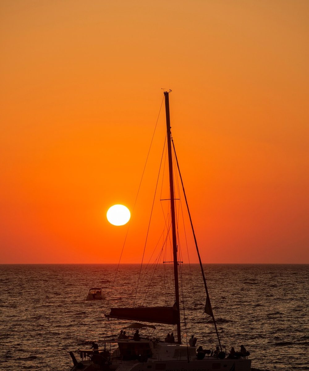 sunset, aegean sea, santorini, sea, twilight, boat, nature, dusk, sundown