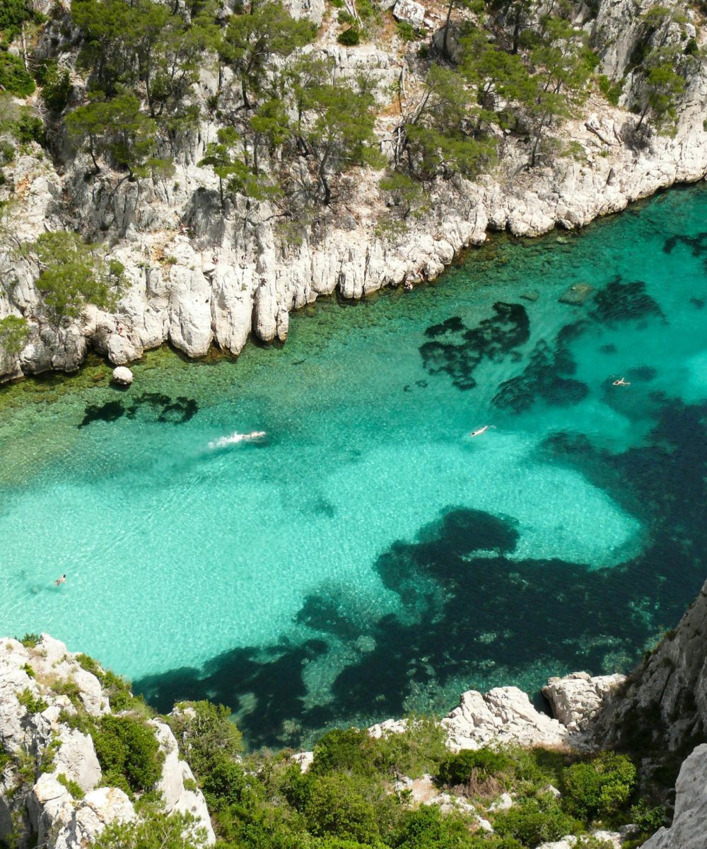 Aerial view of Calanques Cove with turquoise waters in Marseille, France.